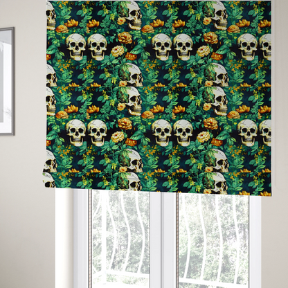 The fabric used to create these Roman blinds is a detailed repeating pattern on a dark background featuring ivory human skulls entwined with vibrant green leafy vines and blooming yellow and orange flowers.