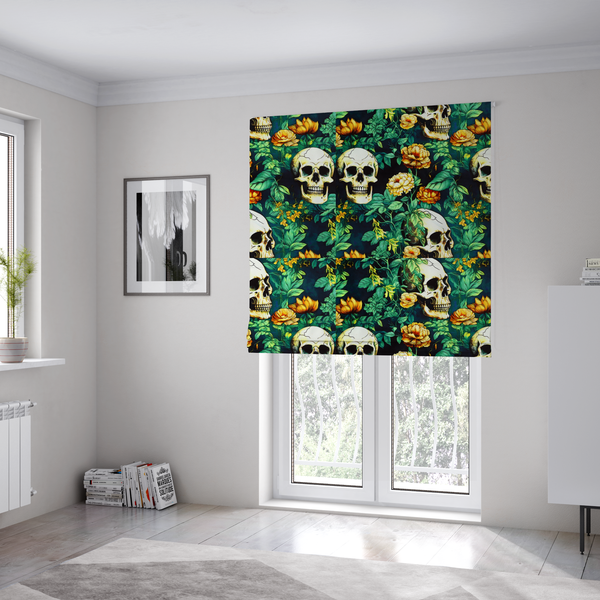 The fabric used to create these Roman blinds is a detailed repeating pattern on a dark background featuring ivory human skulls entwined with vibrant green leafy vines and blooming yellow and orange flowers.