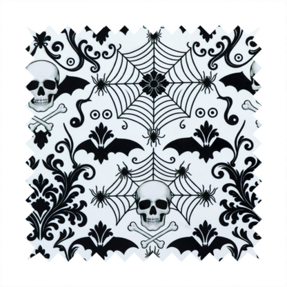 A spooky, ornate damask-style repeating pattern on a white background featuring black skulls, bats, spiderwebs with small spiders, and crossbones.
