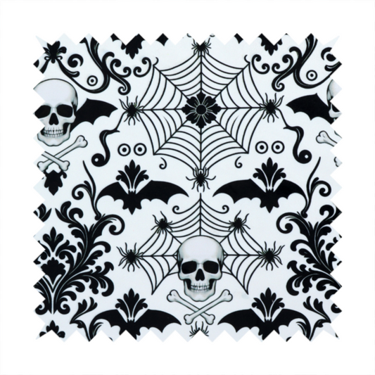 A spooky, ornate damask-style repeating pattern on a white background featuring black skulls, bats, spiderwebs with small spiders, and crossbones.