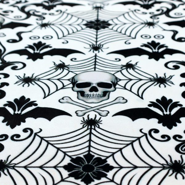 A spooky, ornate damask-style repeating pattern on a white background featuring black skulls, bats, spiderwebs with small spiders, and crossbones.
