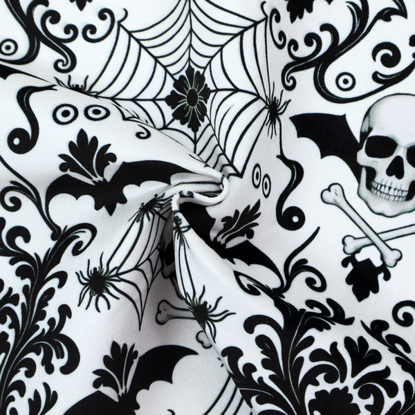A spooky, ornate damask-style repeating pattern on a white background featuring black skulls, bats, spiderwebs with small spiders, and crossbones.