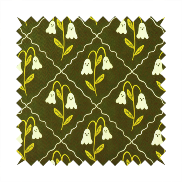 A dark olive-green vintage-style pattern featuring an ogee trellis grid framing whimsical, ghost-like floral blossoms with tiny faces.