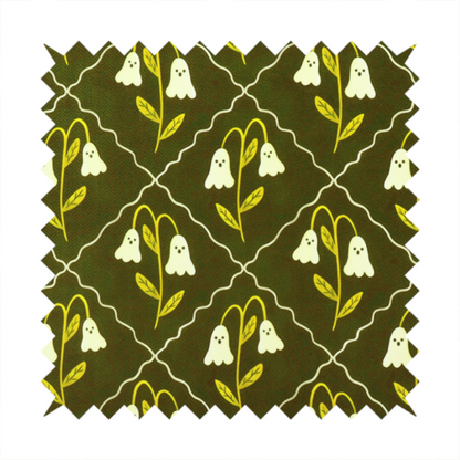 A dark olive-green vintage-style pattern featuring an ogee trellis grid framing whimsical, ghost-like floral blossoms with tiny faces.