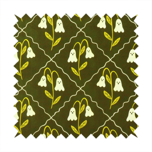 A dark olive-green vintage-style pattern featuring an ogee trellis grid framing whimsical, ghost-like floral blossoms with tiny faces.