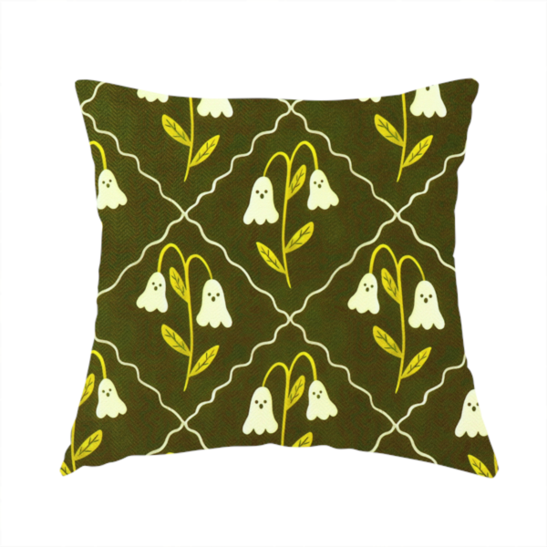 The fabric used to create this handmade cushion is a dark olive-green vintage-style pattern featuring an ogee trellis grid framing whimsical, ghost-like floral blossoms with tiny faces.