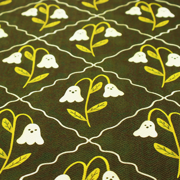 A dark olive-green vintage-style pattern featuring an ogee trellis grid framing whimsical, ghost-like floral blossoms with tiny faces.