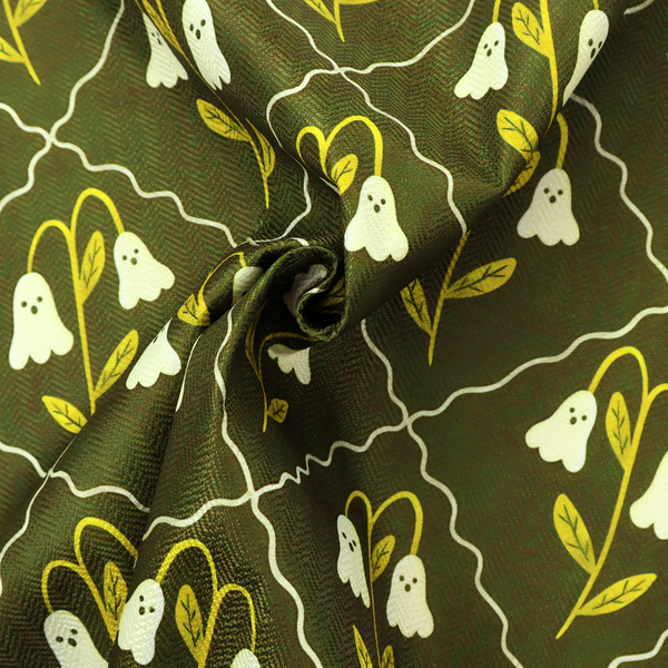 A dark olive-green vintage-style pattern featuring an ogee trellis grid framing whimsical, ghost-like floral blossoms with tiny faces.