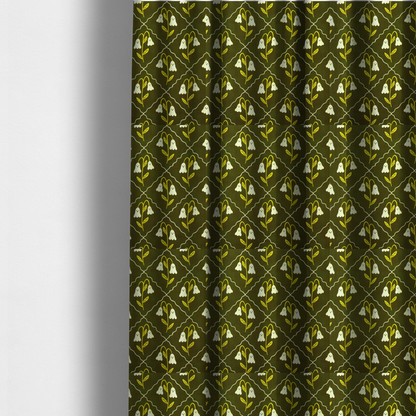 The fabric used to create these made-to-measure curtains is a dark olive-green vintage-style pattern featuring an ogee trellis grid framing whimsical, ghost-like floral blossoms with tiny faces.