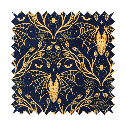 A dark navy blue gothic damask pattern featuring golden yellow bats with webbed wings, intricate spiderwebs, spiders, and twisting branches with leaves.