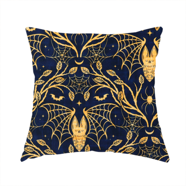 The fabric used to create this handmade cushion is a dark navy blue gothic damask pattern featuring golden yellow bats with webbed wings, intricate spiderwebs, spiders, and twisting branches with leaves.