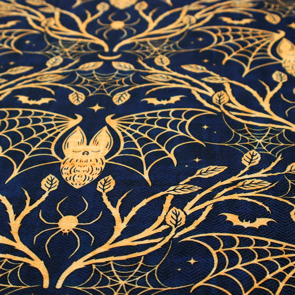 A dark navy blue gothic damask pattern featuring golden yellow bats with webbed wings, intricate spiderwebs, spiders, and twisting branches with leaves.