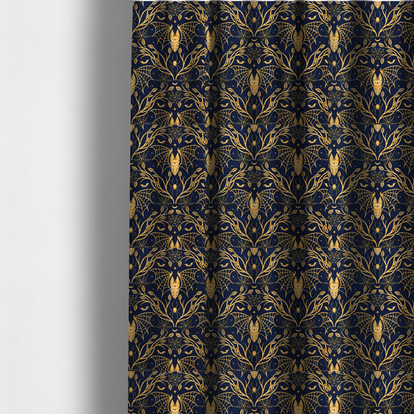 The fabric used to create these made-to-measure curtains is a dark navy blue gothic damask pattern featuring golden yellow bats with webbed wings, intricate spiderwebs, spiders, and twisting branches with leaves.