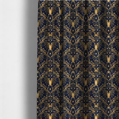 The fabric used to create these made-to-measure curtains is a dark navy blue gothic damask pattern featuring golden yellow bats with webbed wings, intricate spiderwebs, spiders, and twisting branches with leaves.