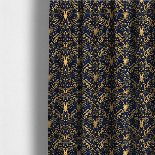 The fabric used to create these made-to-measure curtains is a dark navy blue gothic damask pattern featuring golden yellow bats with webbed wings, intricate spiderwebs, spiders, and twisting branches with leaves.