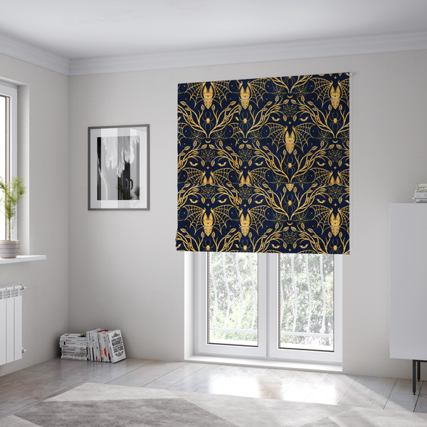 The fabric used to create these Roman blinds is a dark navy blue gothic damask pattern featuring golden yellow bats with webbed wings, intricate spiderwebs, spiders, and twisting branches with leaves.