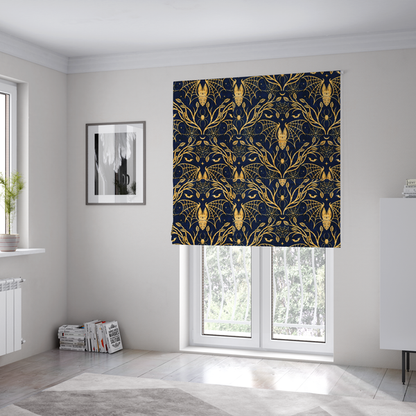 The fabric used to create these Roman blinds is a dark navy blue gothic damask pattern featuring golden yellow bats with webbed wings, intricate spiderwebs, spiders, and twisting branches with leaves.
