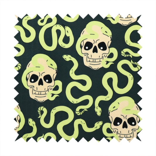 A dark charcoal pattern featuring glowing light green snakes slithering around and coiling through off-white human skulls.