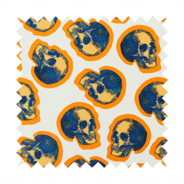 A repeating pattern on an off-white background featuring distressed blue and yellow human skulls outlined in bright orange.