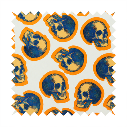 A repeating pattern on an off-white background featuring distressed blue and yellow human skulls outlined in bright orange.