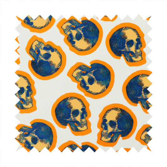 A repeating pattern on an off-white background featuring distressed blue and yellow human skulls outlined in bright orange.