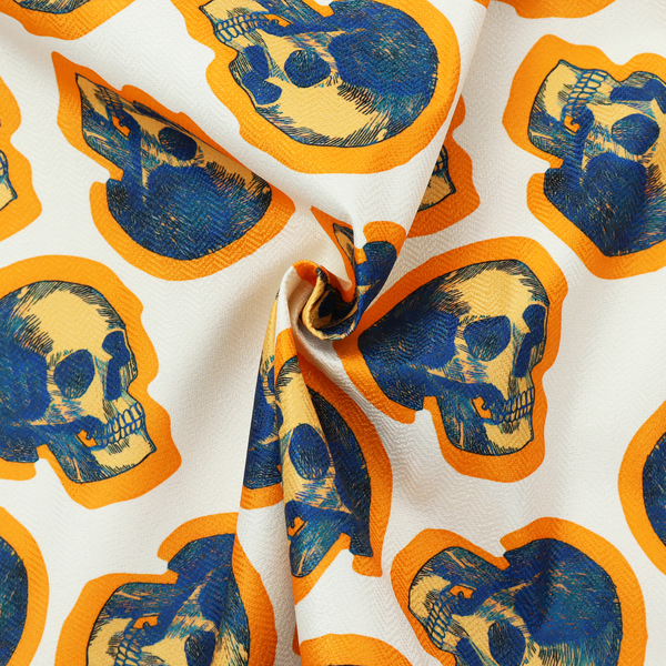 A repeating pattern on an off-white background featuring distressed blue and yellow human skulls outlined in bright orange.