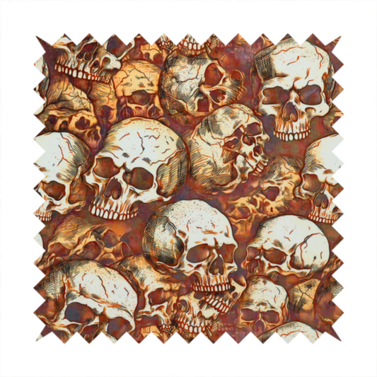A dense, overlapping pattern of detailed vintage anatomical human skulls in shades of off-white and brown against a moody, textured rust-red background.