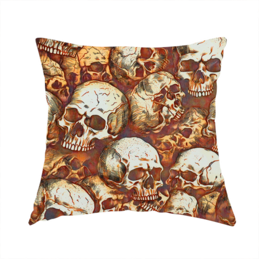 The fabric used to create this handmade cushion is a dense, overlapping pattern of detailed vintage anatomical human skulls in shades of off-white and brown against a moody, textured rust-red background.