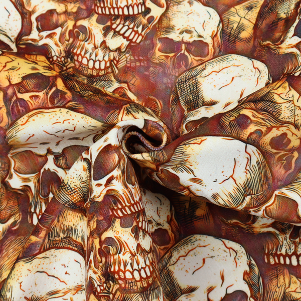 A dense, overlapping pattern of detailed vintage anatomical human skulls in shades of off-white and brown against a moody, textured rust-red background.