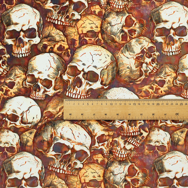 A dense, overlapping pattern of detailed vintage anatomical human skulls in shades of off-white and brown against a moody, textured rust-red background.