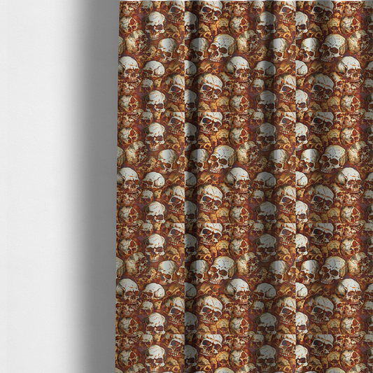 The fabric used to create these made-to-measure curtains is a dense, overlapping pattern of detailed vintage anatomical human skulls in shades of off-white and brown against a moody, textured rust-red background.
