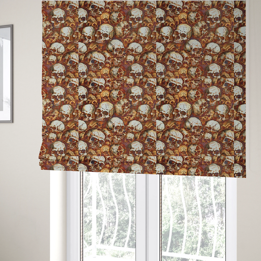 The fabric used to create these Roman blinds is a dense, overlapping pattern of detailed vintage anatomical human skulls in shades of off-white and brown against a moody, textured rust-red background.
