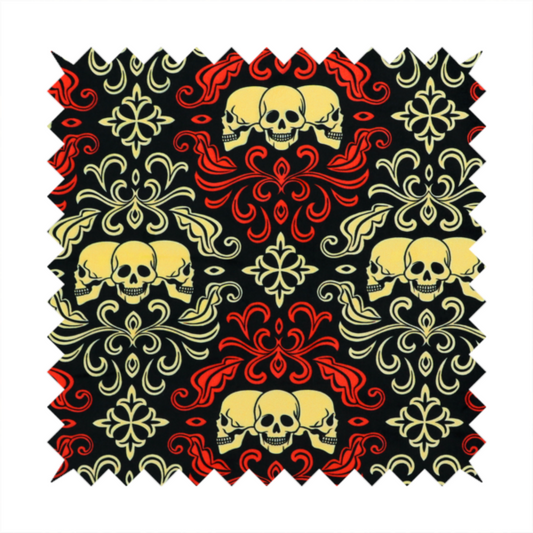A black gothic damask pattern featuring ornate red and cream scrolling foliage, fleur-de-lis accents, and groups of three yellow human skulls.