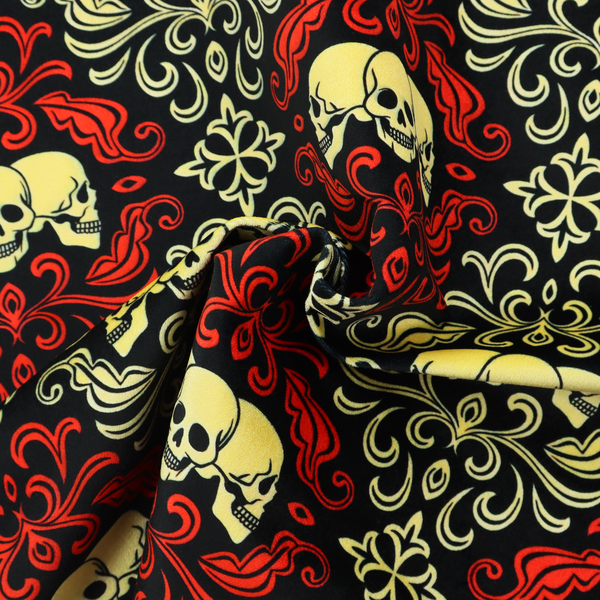 A black gothic damask pattern featuring ornate red and cream scrolling foliage, fleur-de-lis accents, and groups of three yellow human skulls.