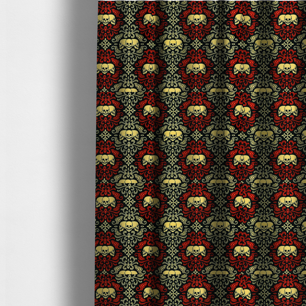 The fabric used to create these made-to-measure curtains is a black gothic damask pattern featuring ornate red and cream scrolling foliage, fleur-de-lis accents, and groups of three yellow human skulls.