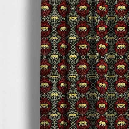 The fabric used to create these made-to-measure curtains is a black gothic damask pattern featuring ornate red and cream scrolling foliage, fleur-de-lis accents, and groups of three yellow human skulls.