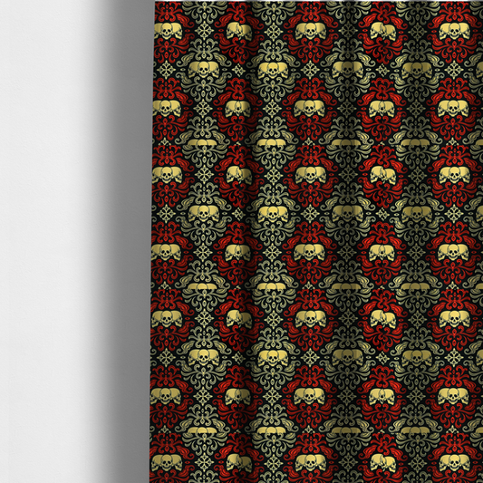 The fabric used to create these made-to-measure curtains is a black gothic damask pattern featuring ornate red and cream scrolling foliage, fleur-de-lis accents, and groups of three yellow human skulls.