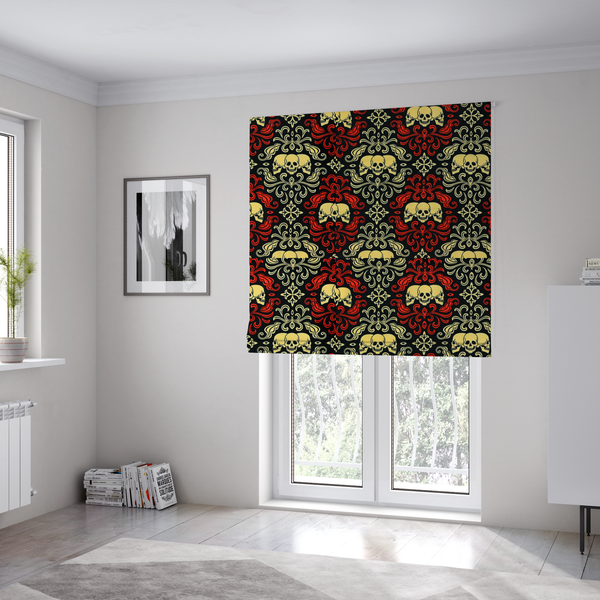 The fabric used to create these Roman blinds is a black gothic damask pattern featuring ornate red and cream scrolling foliage, fleur-de-lis accents, and groups of three yellow human skulls.