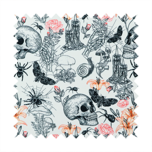 A hand-drawn, sketch-style pattern on an off-white background featuring human skulls, melting candles, spiders, moths, mushrooms, and floral elements like lilies and roses.