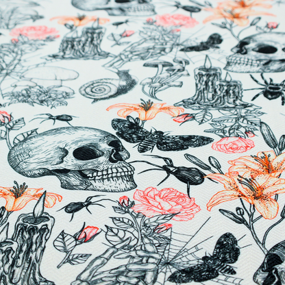 A hand-drawn, sketch-style pattern on an off-white background featuring human skulls, melting candles, spiders, moths, mushrooms, and floral elements like lilies and roses.