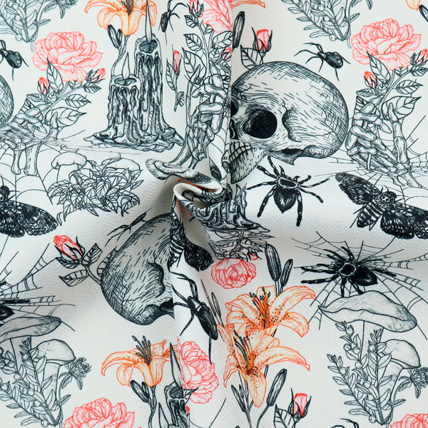 A hand-drawn, sketch-style pattern on an off-white background featuring human skulls, melting candles, spiders, moths, mushrooms, and floral elements like lilies and roses.