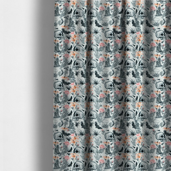 The fabric used to create these made-to-measure curtains is a hand-drawn, sketch-style pattern on an off-white background featuring human skulls, melting candles, spiders, moths, mushrooms, and floral elements like lilies and roses.