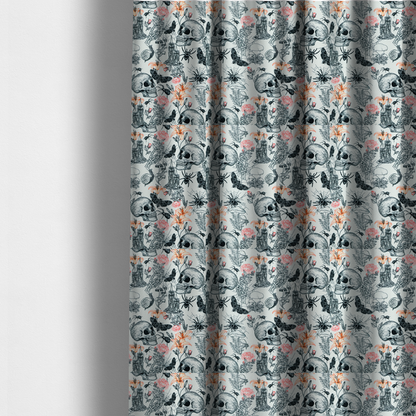 The fabric used to create these made-to-measure curtains is a hand-drawn, sketch-style pattern on an off-white background featuring human skulls, melting candles, spiders, moths, mushrooms, and floral elements like lilies and roses.