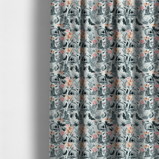 The fabric used to create these made-to-measure curtains is a hand-drawn, sketch-style pattern on an off-white background featuring human skulls, melting candles, spiders, moths, mushrooms, and floral elements like lilies and roses.