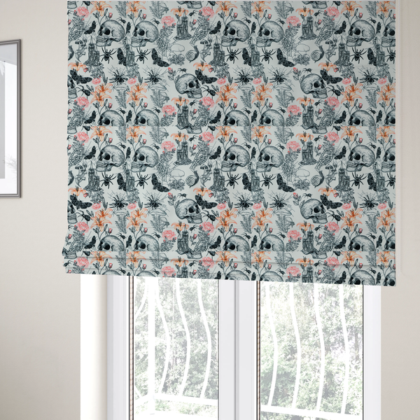 The fabric used to create these Roman blinds is a hand-drawn, sketch-style pattern on an off-white background featuring human skulls, melting candles, spiders, moths, mushrooms, and floral elements like lilies and roses.