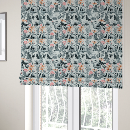 The fabric used to create these Roman blinds is a hand-drawn, sketch-style pattern on an off-white background featuring human skulls, melting candles, spiders, moths, mushrooms, and floral elements like lilies and roses.