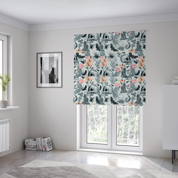 The fabric used to create these Roman blinds is a hand-drawn, sketch-style pattern on an off-white background featuring human skulls, melting candles, spiders, moths, mushrooms, and floral elements like lilies and roses.