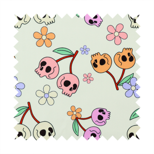 A light retro-style pattern featuring whimsical cherry pairs where the fruit is shaped like colourful skulls in shades of cream, pink, orange, and purple, accented by simple pastel flowers.