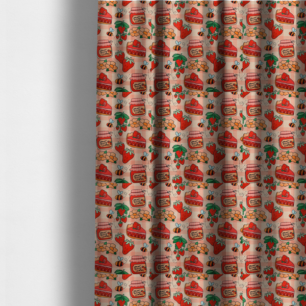 The fabric used to create these made-to-measure curtains is a charming, whimsical repeating pattern featuring strawberry-themed motifs—including jars labelled "Strawberry Jam," slices of cake topped with strawberries, fresh strawberries on the vine, orange flowers, and buzzing bees—set against a pink and white gingham background.
