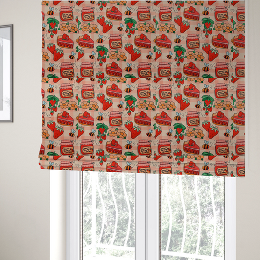 The fabric used to create these Roman blinds is a charming, whimsical repeating pattern featuring strawberry-themed motifs—including jars labelled "Strawberry Jam," slices of cake topped with strawberries, fresh strawberries on the vine, orange flowers, and buzzing bees—set against a pink and white gingham background.